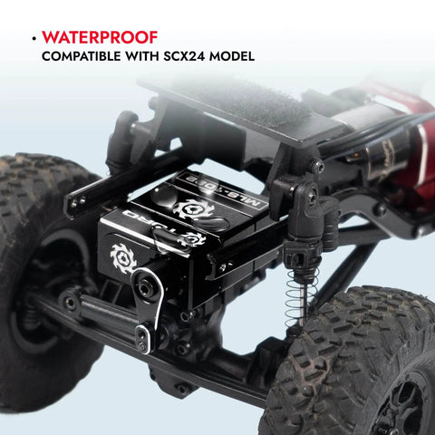 High Torque Micro Servo 5.0V - 8.4V with CNC Servo Mounts & Arms installed on RC Crawler Axial SCX24, shown in black.
