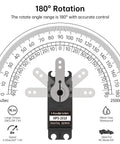 Image showing a 20KG RC Servo High Torque Servo Motors, Waterproof Full Metal Gear Steering Servo, 180° rotation range displayed.