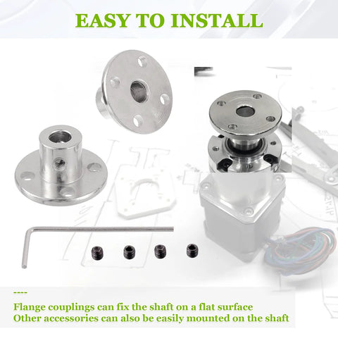 Four Piece 5mm Bore Rigid Flange Coupling Set and accessories for RC shafts, showing installation on motor