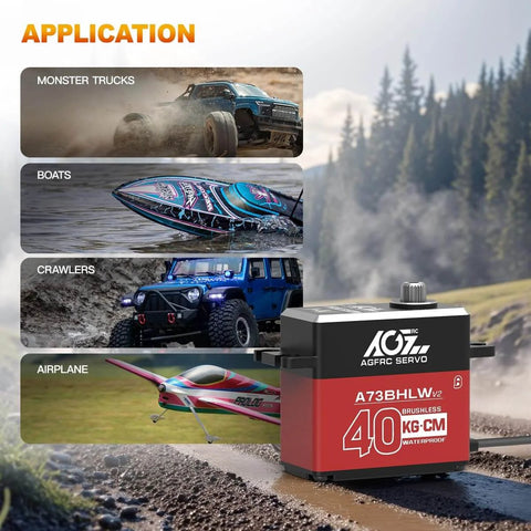 40KG Waterproof RC-Steering-Servo High-Torque - Full Metal Gear Brushless Digital Servo for 1/10 RC Car, Control Angle 180° (A73BHLW V2) next to images of RC monster truck, boat, crawler and airplane applications in nature.