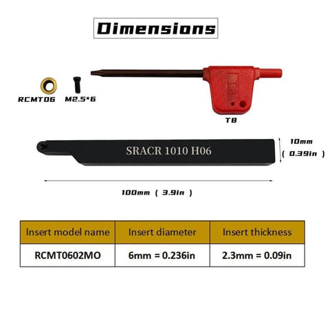 Lathe Turning Tool Holder Set With Three Eighths Inch And One Half Inch Shanks Featuring RCMT0602 Round Carbide Inserts, tool and dimensions.