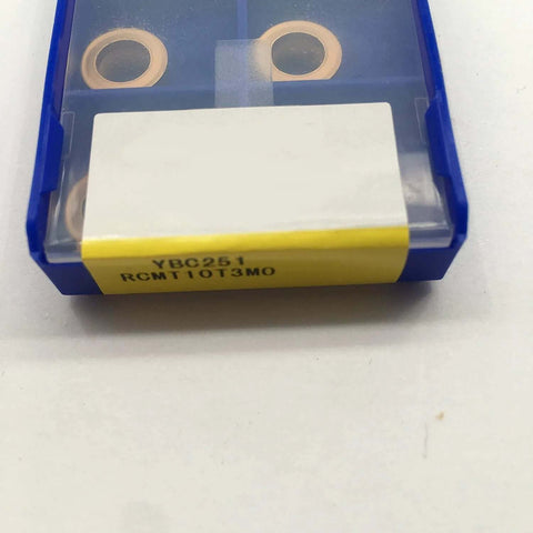 10 Pack RCMT10T3MO R5 Pro Grade Carbide Turning Inserts Tin Coated in blue box, visible through transparent lid.