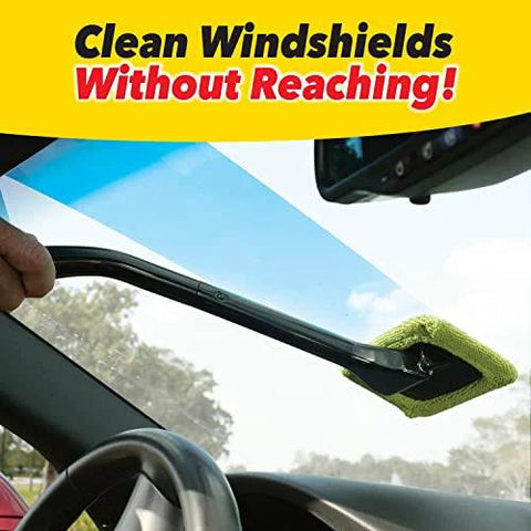 Reach Free Windshield Cleaning Tool With 16 Inch Detachable Handle Microfiber Window Cleaning Device in use inside a car.