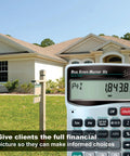 Real Estate Master IIIx Mortgage Calculator For Real Estate Professionals With Clearly Labeled Function Keys in front of house.