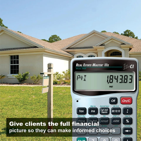 Real Estate Master IIIx Mortgage Calculator For Real Estate Professionals With Clearly Labeled Function Keys in front of house.