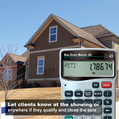 Real Estate Master IIIx Mortgage Calculator For Real Estate Professionals With Clearly Labeled Function Keys near a house.