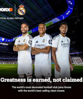 Real Madrid players on football field with WORX partnership banner