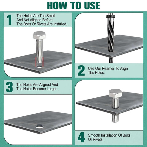 Instructional guide showing how to use Five Eighths Inch Bridge Construction Reamer Drill Bit Set With Taper Chuck Reamers on metal.