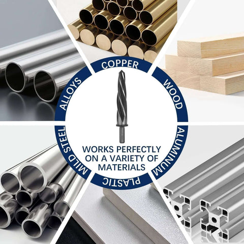 Five Piece M2 HSS Taper Chucking Reamer Set With 1, 3/4, 5/8, 1/2, And 3/8 Inch Sizes Fits 1/2 Inch 3-Flat Round Shank shown with material types