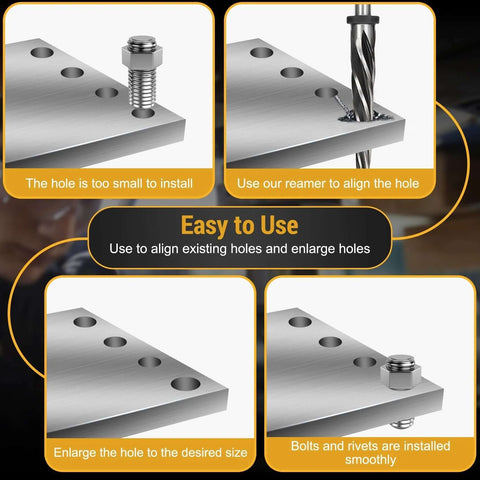 Image demonstrating the use of the Pro Grade Five Piece M2 HSS Reamer Set For Construction Drilling That Aligns And Enlarges Holes.