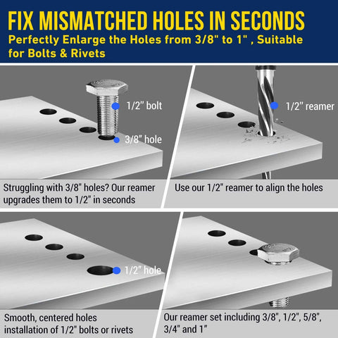 Five Piece Chucking Reamer Set In High Speed Steel For Metal Wood And Plastic With Spiral Flute Delivers Smooth Precise Hole Enlargement Without Chatter Or Burrs Ideal For Bridge Work And Diy Projects Enlarge Holes From Three Eighths To One Inch shown enlarging bolt holes.