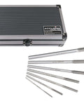 Pro Grade M2 HSS Chucking Reamer Set For Precise Reaming In Lathes And Drills One Eighth To One Half Inch By Sixteenths Right Hand Cut Seven Piece Set Accusize Industrial Tools 5528 SH00 with case and reamers shown
