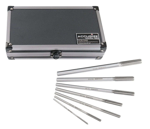 Pro Grade M2 HSS Chucking Reamer Set For Precise Reaming In Lathes And Drills One Eighth To One Half Inch By Sixteenths Right Hand Cut Seven Piece Set Accusize Industrial Tools 5528 SH00 with case and reamers shown