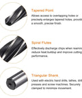 Pro Grade Three Quarters Inch Taper Chucking Reamer HARFINGTON With One Half Inch Shank For Metal Aluminum Wood Plastic HSS Spiral Flutes with tapered point, spiral flutes, and triangular shank diagram for precise hole reaming.