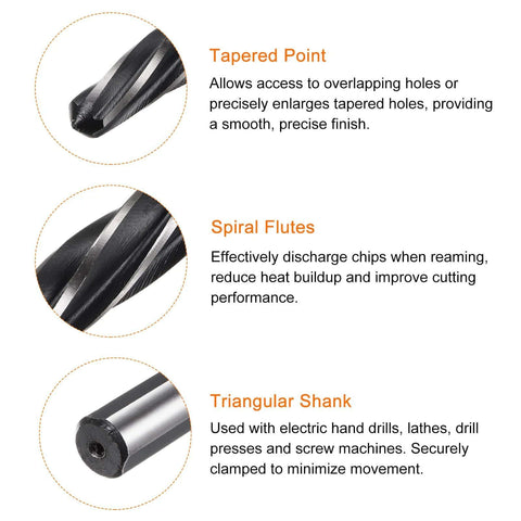 Pro Grade Three Quarters Inch Taper Chucking Reamer HARFINGTON With One Half Inch Shank For Metal Aluminum Wood Plastic HSS Spiral Flutes with tapered point, spiral flutes, and triangular shank diagram for precise hole reaming.