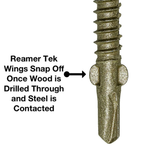Close-up of Heavy Duty Wood To Metal Reamer Tek Screws With Self Drilling Tip Torx T30 Star Head showing snapped wings feature.