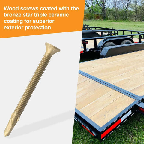 Reamer Tek Screws Twelve By Two And One Half Self Drilling Wood To Metal Torx Head T25 For Flatbeds Trailers Docks And Decking Fifty Pieces Heavy Duty Construction Grade Fasteners Ideal For Truck Beds And Steel Framing shown next to a flatbed trailer.