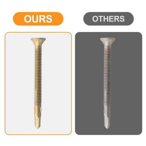 Comparison of two screws; left screw is a Reamer Tek Screws Twelve By Two And One Half Self Drilling Wood To Metal Torx Head T25