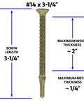 #14 x 3-1/4 Reamer Tek Torx Self Drilling Screw diagram with dimensions for wood to metal use, T30 drive