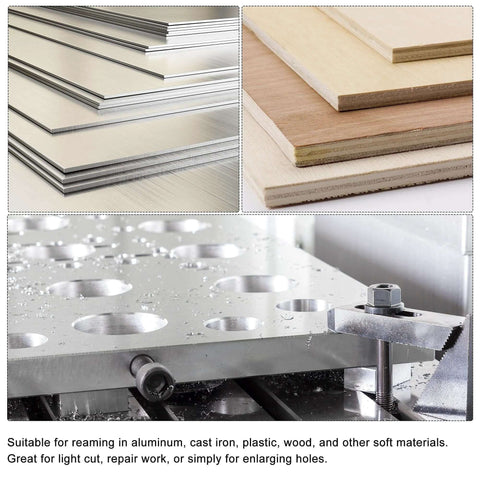 Sheets of metal and wood with drilled circular holes, showcasing utility of Pro Grade Hand Reamer Set For Metalworking 4mm 6mm 8mm 10mm 12mm H8 Accuracy Alloy Tool Steel 6 Flutes Straight Shank Reamers For Finishing Cylinders General Purpose 5 Pieces uxcell.