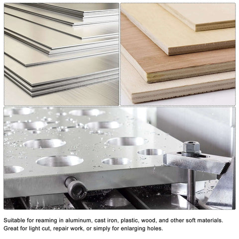 Stacks of metal and wood sheets above a milling machine with holes, showcasing materials and applications for metal reaming.