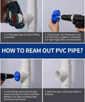 Instructional guide on using a Six Piece PVC Pipe Reamer Kit With Three Quarter Inch To Four Inch Heads, includes code snippets for steps.