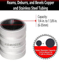 1/4 To 1-3/8 Inch Inner Outer Reaming Tool With 40 Cutting Edges For Reaming Deburring Beveling Aluminum PVC Copper And Stainless Steel Tubing And Pipe Replace For Model 29983 223S, shown with capacity details