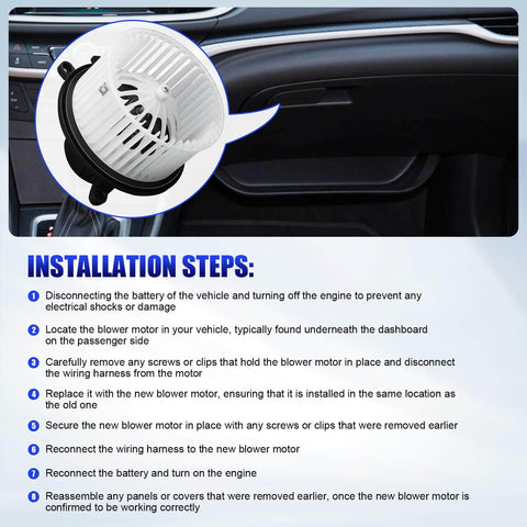 Installation guide for Rear AC Heater Blower Motor With Fan Fits 2006 2020 Dodge Grand Caravan Chrysler Town And Country Pacifica Ford Expedition Jeep Commander Lincoln Navigator VW Routan Ram C V Replacement 700234
