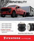 Rear air spring kit delivers up to 5,000 lb load support, absorbs road shock, for 2017-2025 F250 F350 pickups, single or dual wheel