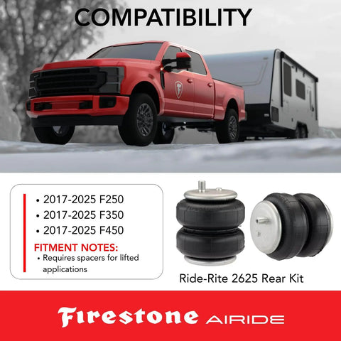 Rear air spring kit delivers up to 5,000 lb load support, absorbs road shock, for 2017-2025 F250 F350 pickups, single or dual wheel