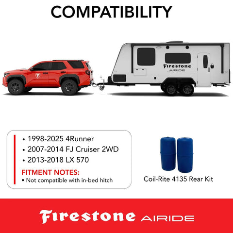 Coil-Rite Rear Air Springs Kit For 1998-2026 4Runner And 2007-2014 FJ Cruiser next to towing vehicle and trailer