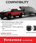 Rear Air Springs Kit For Silverado Sierra 1500 2007 2018 And 2019 Light Duty Models Only Beefed Up Ride Quality With 5 To 100 PSI And 5000 Pound Load Capacity Easy Install Heavy Duty Truck Suspension image showing kit components and compatibility details.