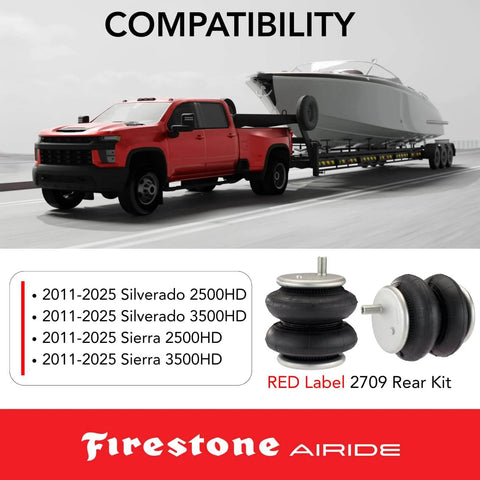 Rear Air Springs Kit For Silverado 2500HD And Sierra 3500HD 2011 Through 2025 Red Label With 7500 Pounds Load Capacity And 5 To 150 PSI Easy Install No Drill Design with Silverado towing boat