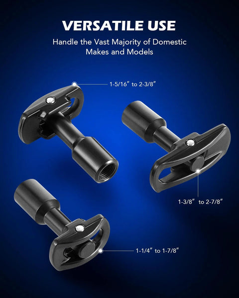 Rear Axle Bearing Puller Tool Kit and Slide Hammer Set with 3 adapters, showing various ID sizes from 1-1/4" to 2-7/8".