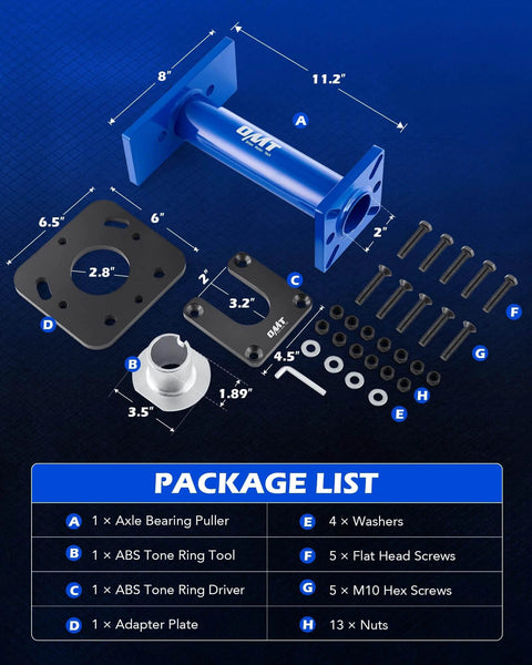 Rear Axle Bearing Puller and Installer toolset components with measurements for 1995-1998 T100 1995-2004 Tacoma 1995-2020 4Runner 2000-2006 Tundra 2004-2012 Hilux.