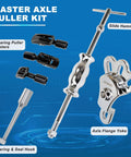 Rear Axle Bearing Remove Puller Tool Kit with slide hammer, yoke, flange, and 3 adapters, displayed on blue background.
