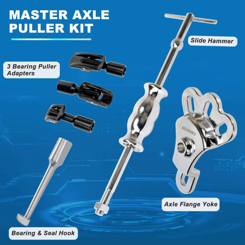 Rear Axle Bearing Remove Puller Tool Kit with slide hammer, yoke, flange, and 3 adapters, displayed on blue background.