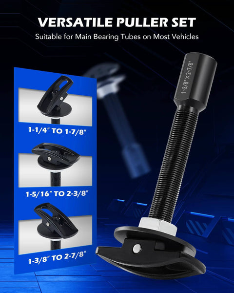 Rear Axle Bearing Puller Tool Set with 3 sizes shown, suitable for main bearing tubes, includes sizes 1-1/4 to 1-7/8, 1-5/16 to 2-3/8.