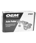 Box of OEMTOOLS 27032 Axle Puller showing Flange Type Axle Puller And Rear Wheel Bearing Removal Tool For Use With Five Eighth Inch By Eighteen Slide Hammer On Axles With Four Five Or Six Studs Hub Removal Solution For Auto Shops And DIY Repairs Pro Grade image on packaging