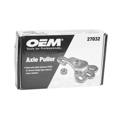 Box of OEMTOOLS 27032 Axle Puller showing Flange Type Axle Puller And Rear Wheel Bearing Removal Tool For Use With Five Eighth Inch By Eighteen Slide Hammer On Axles With Four Five Or Six Studs Hub Removal Solution For Auto Shops And DIY Repairs Pro Grade image on packaging