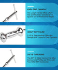 Close-up of Rear Axle Bearing Remove Puller Tool Kit parts including easy grip T-handle, heavy duty slide, and 5/8"-18 threading.