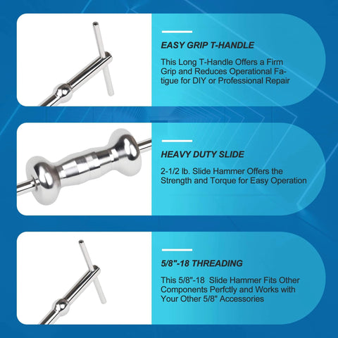 Close-up of Rear Axle Bearing Remove Puller Tool Kit parts including easy grip T-handle, heavy duty slide, and 5/8"-18 threading.