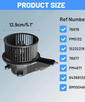 Rear Side HVAC Blower Motor for Chevy Tahoe 2007 to 2020 Traverse 2009 to 2023 GMC Acadia 2007 to 2023 Yukon 2007 to 2020 Replacement Part 76977 84369132 Easy Install Reliable Cabin Comfort OEM Grade Performance displayed with size dimensions 12.9cm by 6.4cm and reference numbers 76976, PM5132, 15232219, 76977, PM4671, 84369132, BM10046C