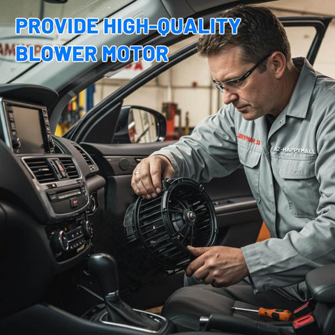 Man installing Rear Side HVAC Blower Motor for Chevy Tahoe 2007 to 2020 Traverse 2009 to 2023 GMC Acadia 2007 to 2023 Yukon 2007 to 2020 Replacement Part 76977 84369132 Easy Install Reliable Cabin Comfort OEM Grade Performance in vehicle cabin