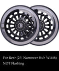 ✝️ Polyurethane replacement wheels set (front, 2p light up), swing car wheels pack (rear, 2p narrower) upgrade for ride-on toys (black)