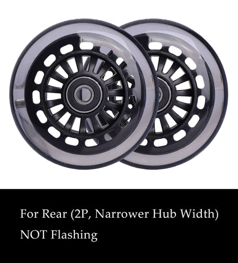 ✝️ Polyurethane replacement wheels set (front, 2p light up), swing car wheels pack (rear, 2p narrower) upgrade for ride-on toys (black)