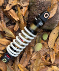Rear Shock for Dirty Pit Bike with Adjustable Rebound and Dual Spring Options on leaves, visible spring and damper