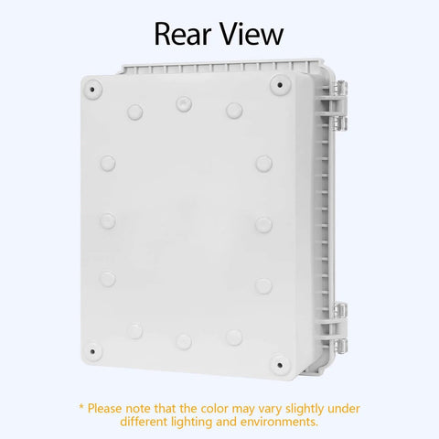 Rear view of IP67 Waterproof Electrical Junction Box With Hinged Clear Cover, Built Tough ABS Plastic Enclosure With Stainless Steel Latch