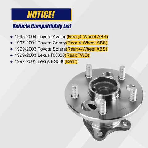 Rear Wheel Bearing Hub Assembly 512310 Fits 1992 To 2001 Lexus ES300 1999 To 2003 RX300 1995 To 2004 Toyota Avalon 5 lug with ABS