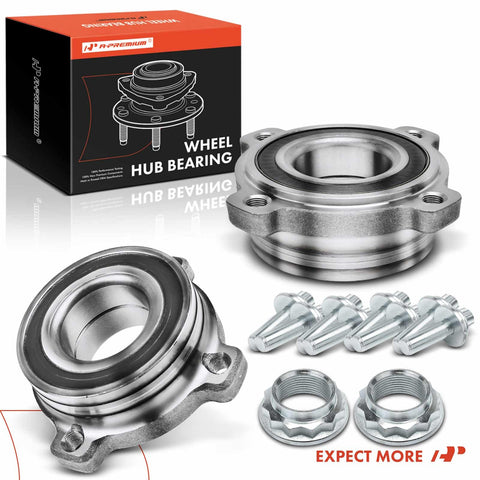 Two Premium Rear Wheel Bearing And Hub Assembly Kit For BMW Fits 525i 528i 530i 535i 535i GT 535xi 540i 545i 550i 550i GT And M5 From 1997 To 2010 High Quality Direct Fit, showing components and packaging.